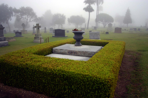 Photo of the Santa Barbara Cemetery's grounds on a foggy day.